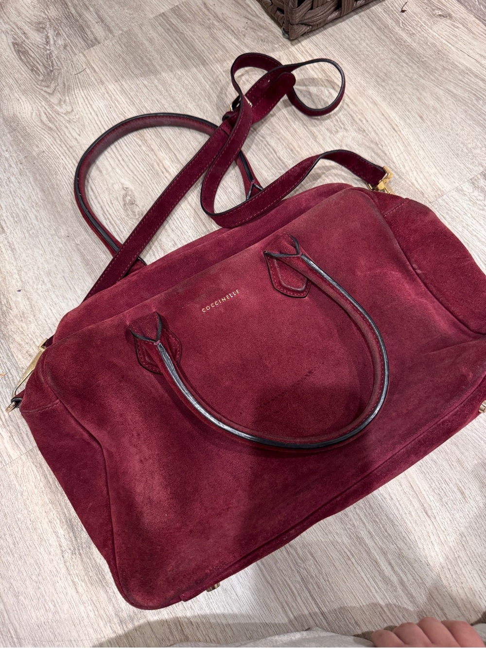Coccinelle Burgundy Suede Leather Tote Bag Italy Top Handle Shoulder